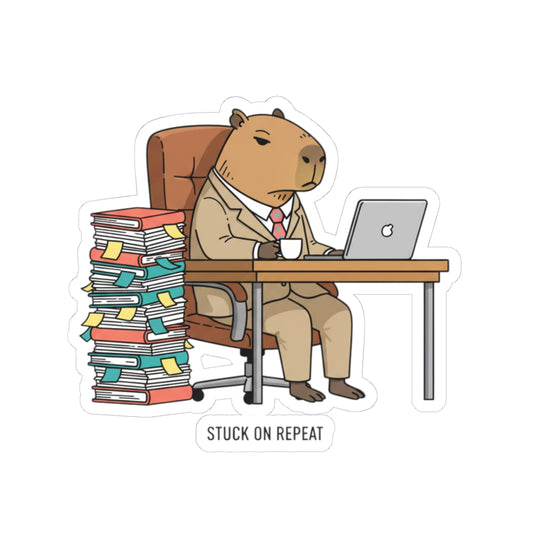 Stuck on Repeat Capybara office sticker featuring an unhinged animal bureaucracy illustration on paper product by Printify