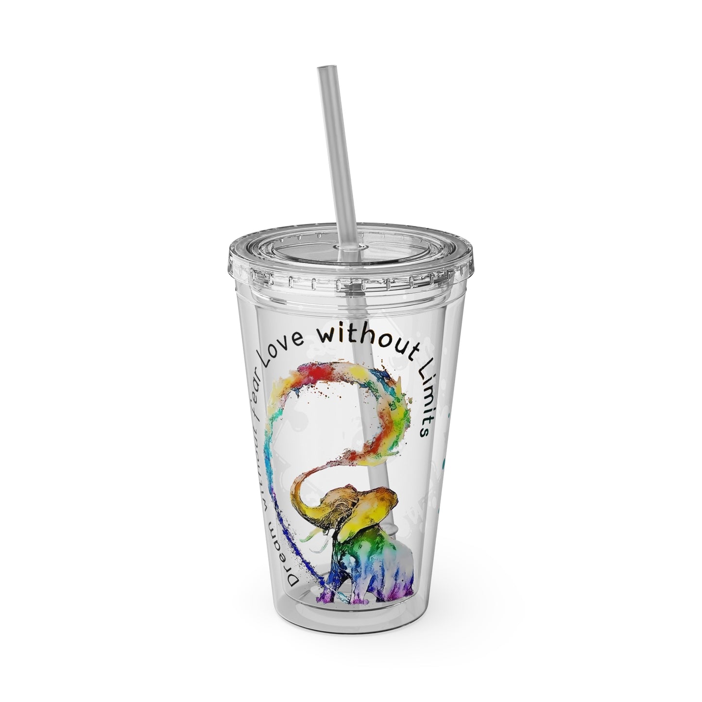 16oz Printify Sunsplash Tumbler featuring watercolor elephant design and paint-splatter puzzle pattern.