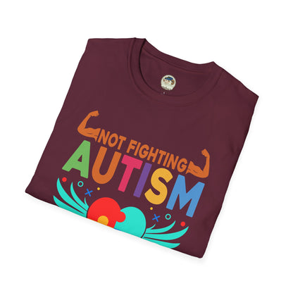 Autism Awareness T-Shirt — "Not Fighting Autism, Working With It" Puzzle Ribbon Tee - Ramshackle Shack