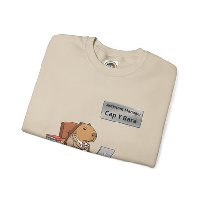 Gray sweatshirt featuring an illustration of an office capybara at a desk from the Unhinged Animal Bureaucracy collection by Printify.