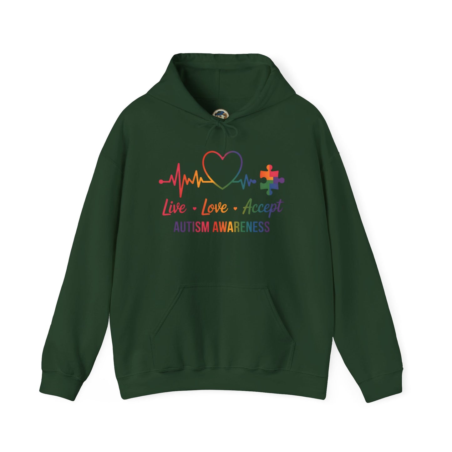 Autism Awareness Hoodie — "Live, Love, Accept" Heartbeat Puzzle-Rainbow - Ramshackle Shack