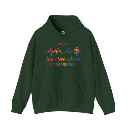 Autism Awareness Hoodie — "Live, Love, Accept" Heartbeat Puzzle-Rainbow - Ramshackle Shack