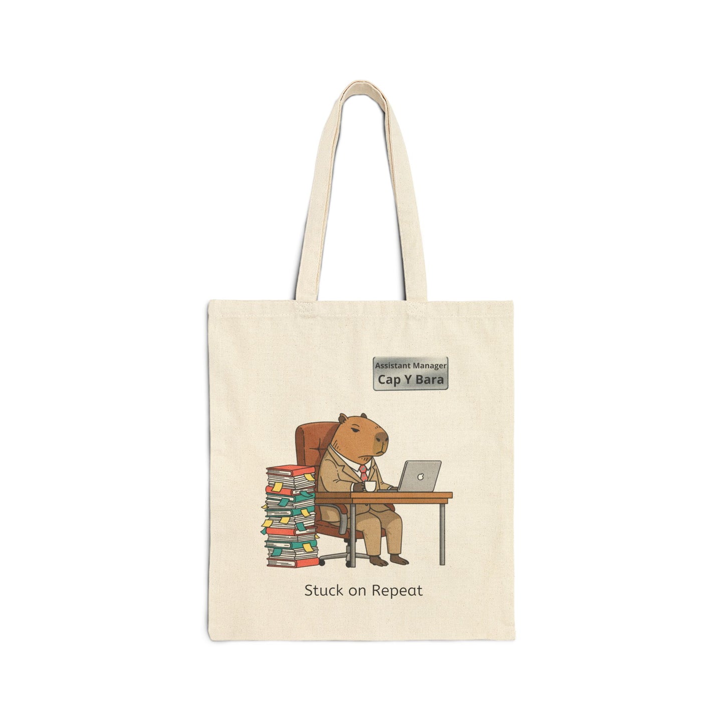 Illustration of a capybara on a tote bag featuring a humorous office animal meme by Printify.