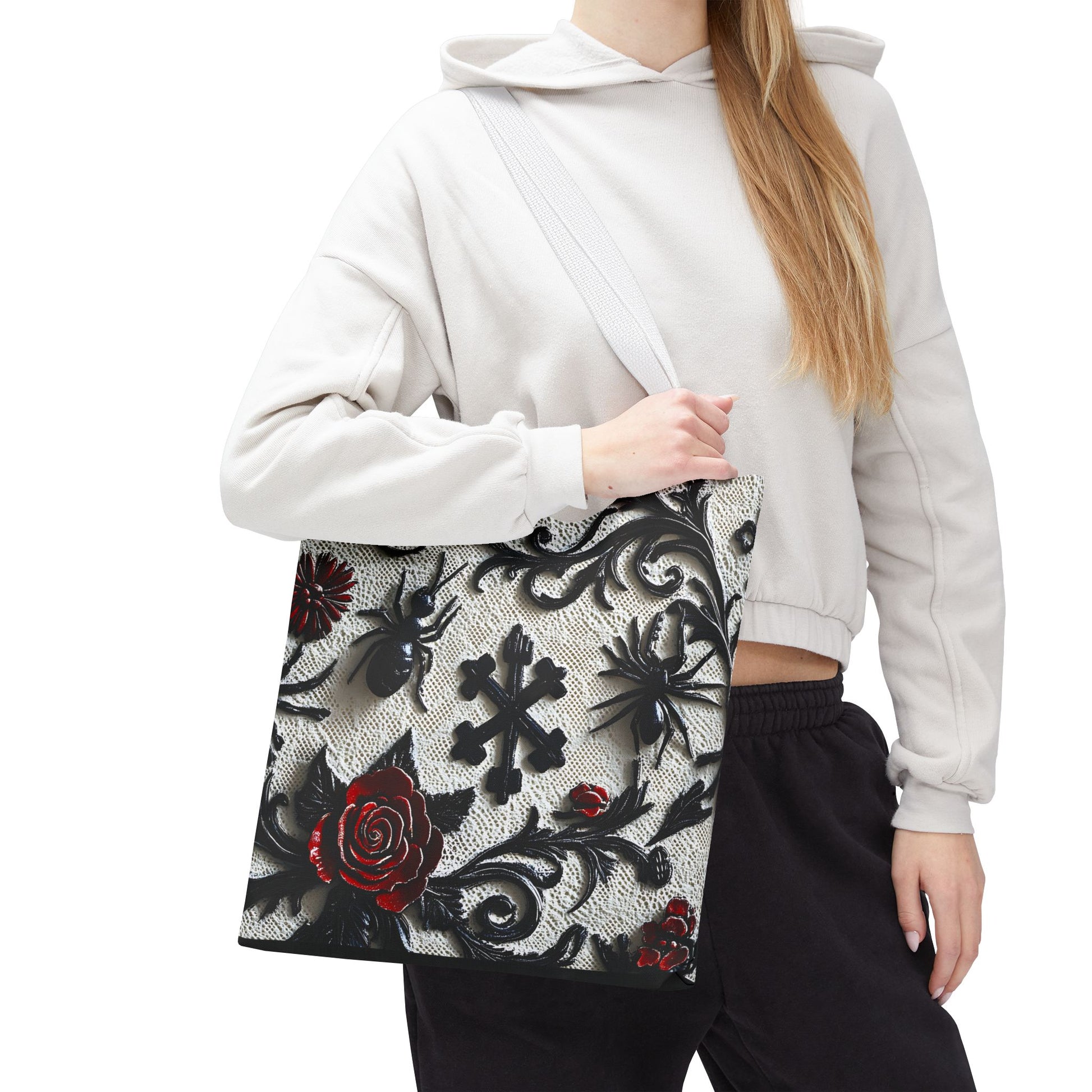 Gothic filigree tote bag with ornate dark floral print, featuring intricate designs on a stylish bag by Printify.