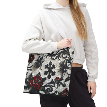 Gothic filigree tote bag with ornate dark floral print, featuring intricate designs on a stylish bag by Printify.