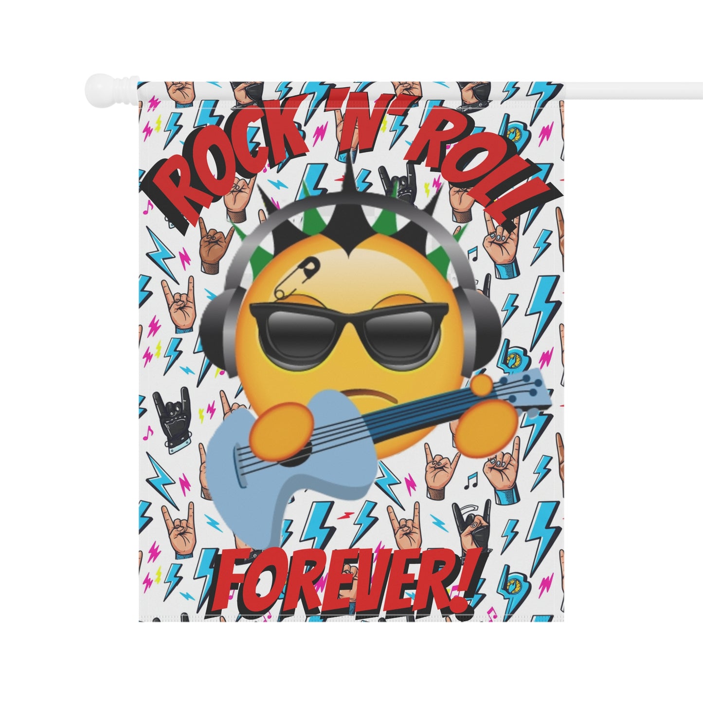 Rock 'N' Roll Forever Garden Flag — Emoji Guitarist Garden Banner - Ramshackle Shack