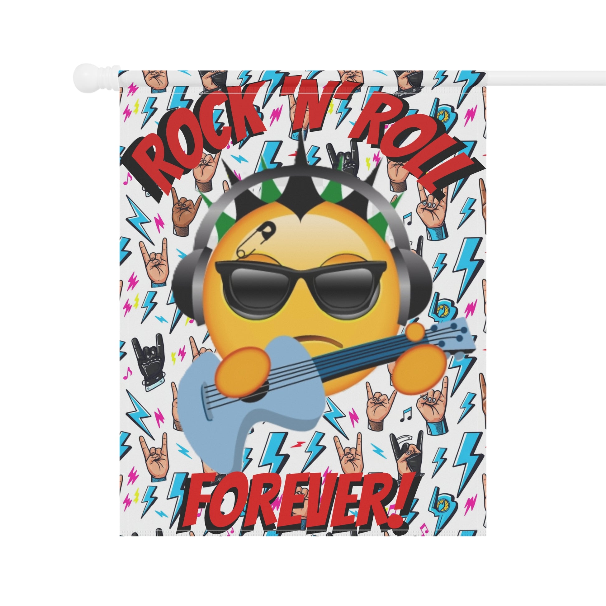 Rock 'N' Roll Forever Garden Flag — Emoji Guitarist Garden Banner - Ramshackle Shack