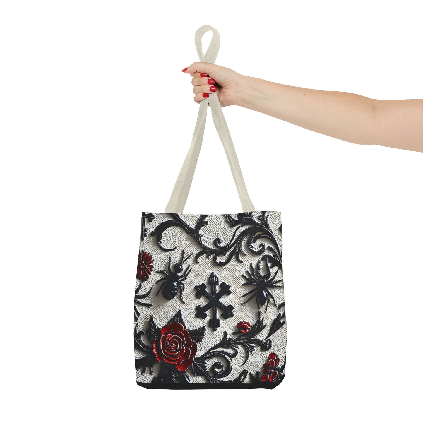 Gothic filigree tote bag with ornate dark floral print, featuring intricate design and spacious bag for everyday use.