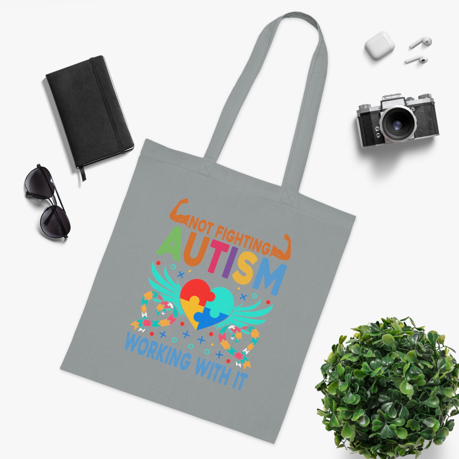 Autism Awareness Puzzle-Heart Cotton Tote — “Not Fighting Autism, Working With It” - Ramshackle Shack