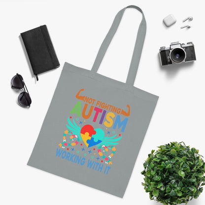 Autism Awareness Puzzle-Heart Cotton Tote — “Not Fighting Autism, Working With It” - Ramshackle Shack