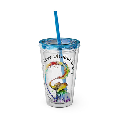 16oz Printify Sunsplash Tumbler featuring a watercolor elephant design and paint-splatter puzzle with motivational phrases.