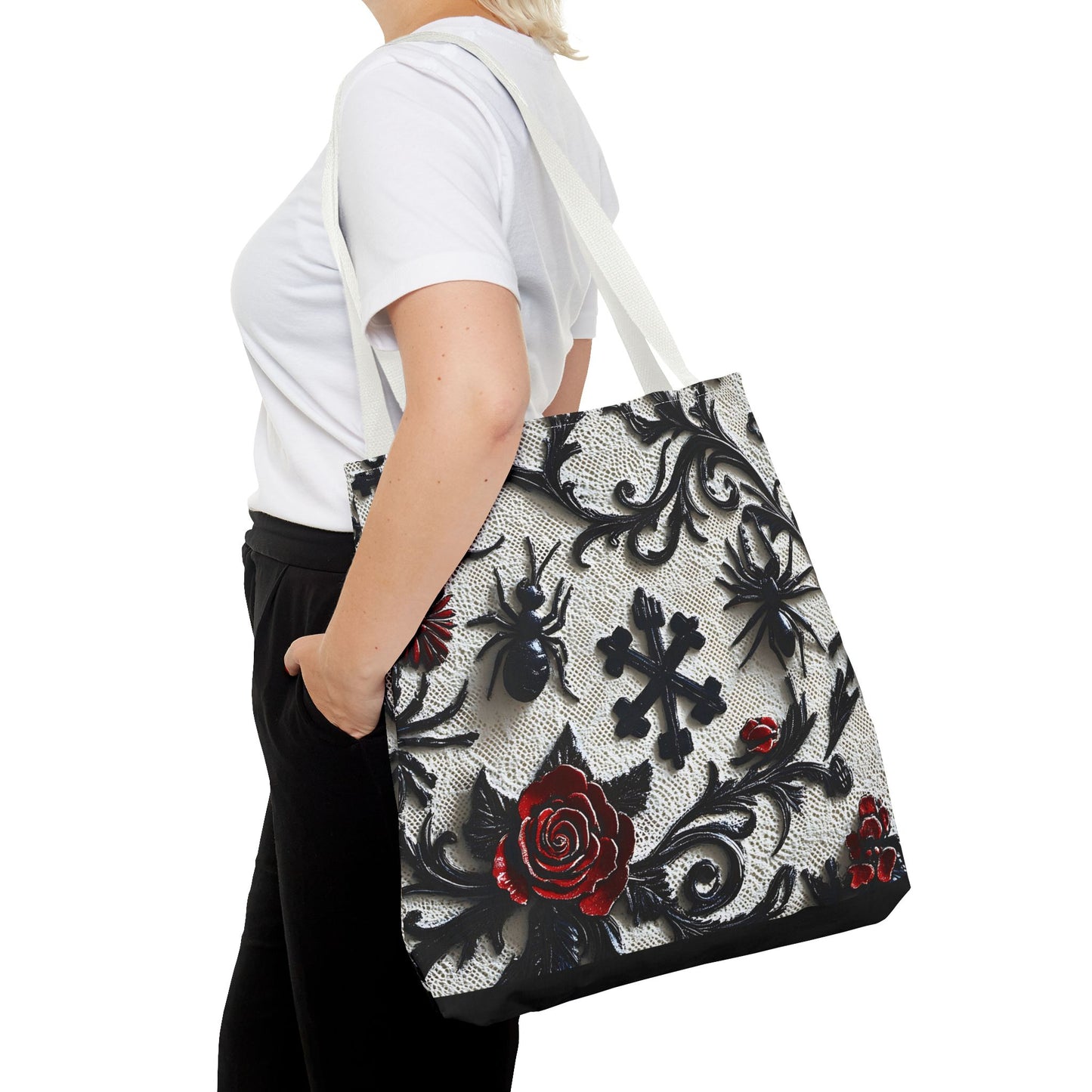 Gothic filigree tote bag by Printify featuring an ornate dark floral all-over print, with sturdy handles and spacious interior.
