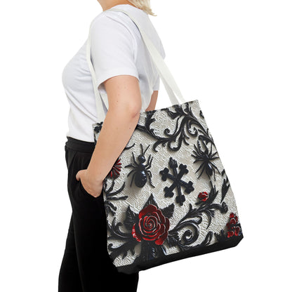 Gothic filigree tote bag by Printify featuring an ornate dark floral all-over print, with sturdy handles and spacious interior.