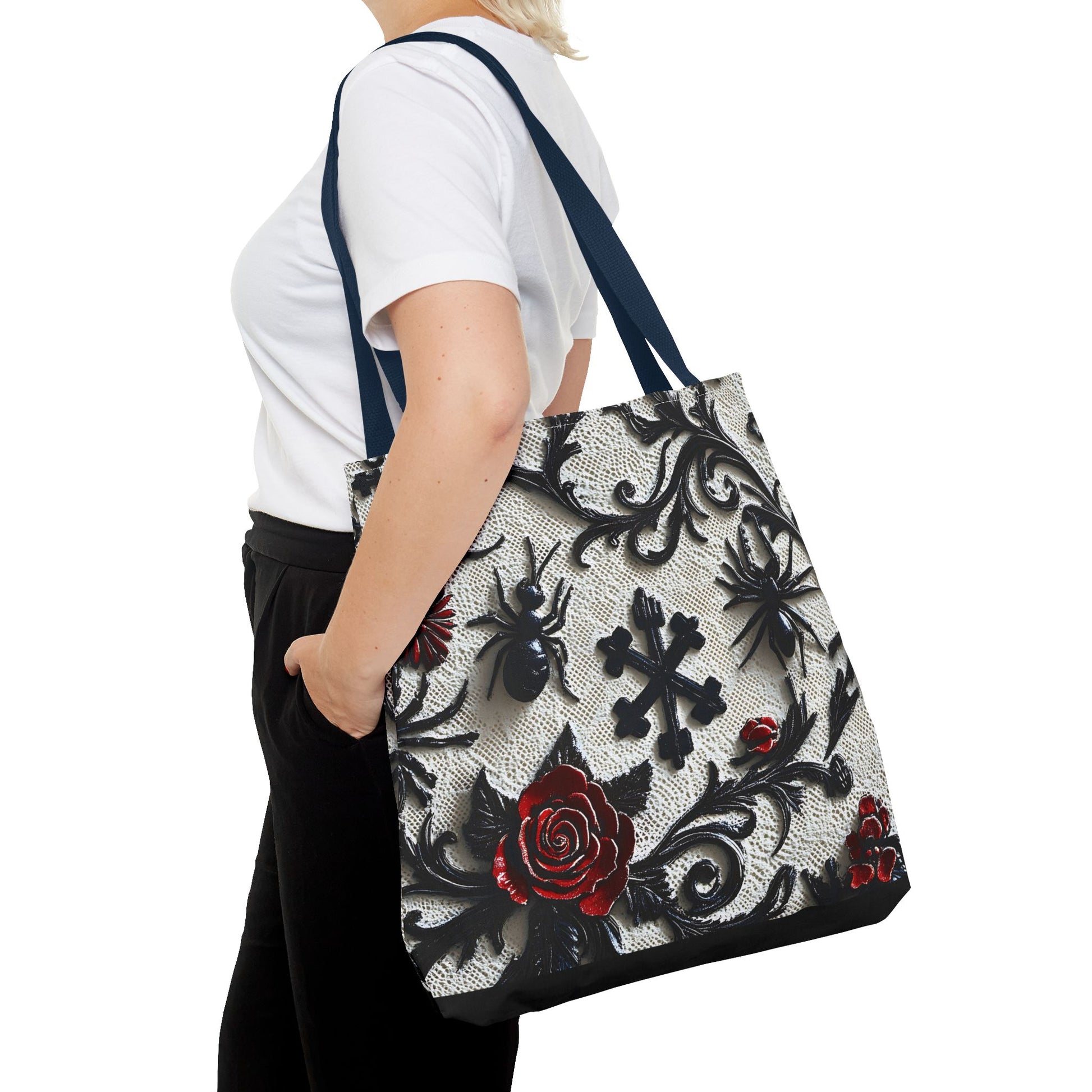Gothic filigree tote bag with ornate dark floral all-over print, featuring intricate gothic design and sturdy bag handles.
