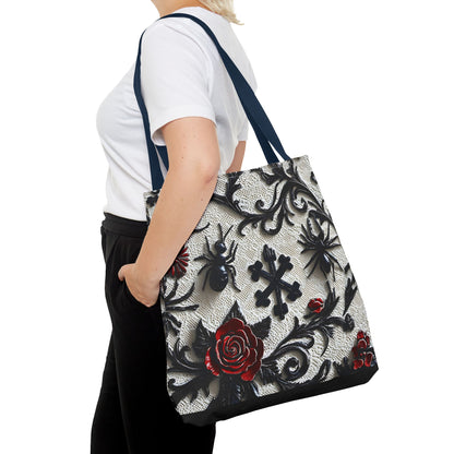 Gothic filigree tote bag with ornate dark floral all-over print, featuring intricate gothic design and sturdy bag handles.