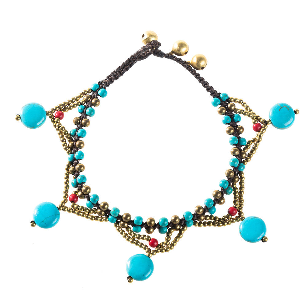Colorful turquoise bell anklet featuring five-star design, multicolor beads, and silver accents, worn around the ankle.