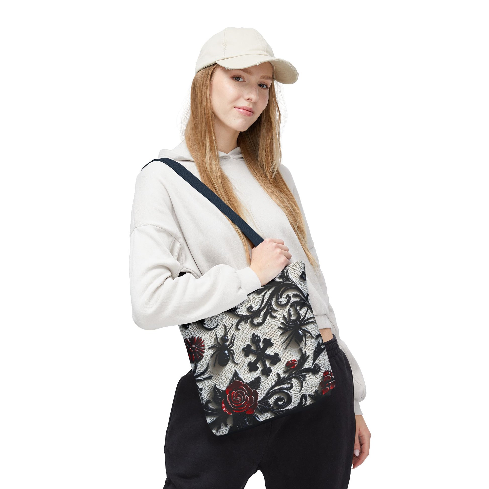Gothic filigree tote bag with ornate dark floral all-over print, stylish and spacious bag by Printify.