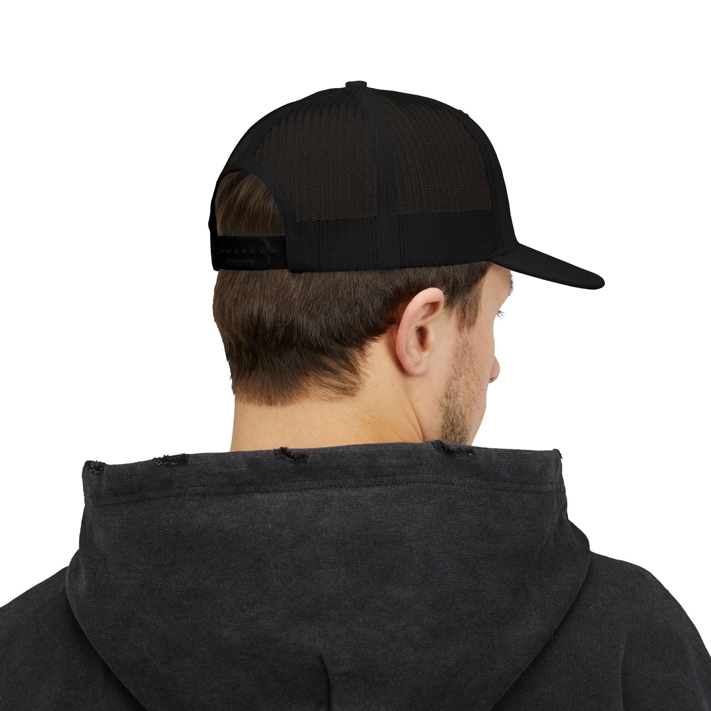 Printify Never Surrender snapback trucker hat with a curved bill and adjustable strap, featuring bold graphic design on front.