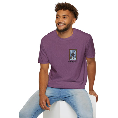 Black t-shirt featuring artwork from "Guns in Poses" gallery, showcasing detailed gun illustrations on the front.