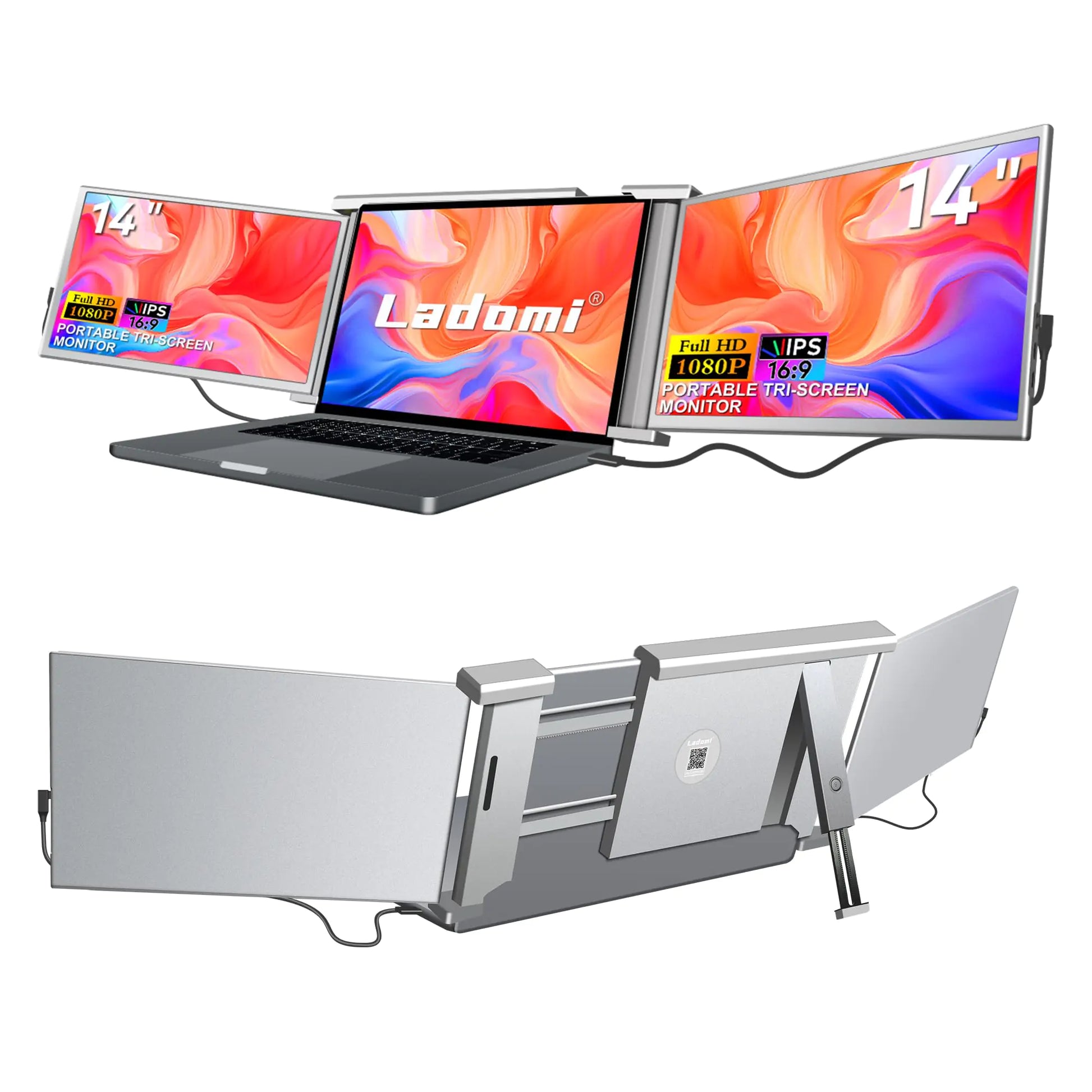 Laptop Screen Extender 14" FHD 1080P IPS Portable Laptop Monitor Extender HDMI/USB-C Plug and Play Triple Portable Monitor for 13.5" -16.5" Laptop (MacOS/Wins/Switch/Android) - S1 Gray - Ramshackle Shack