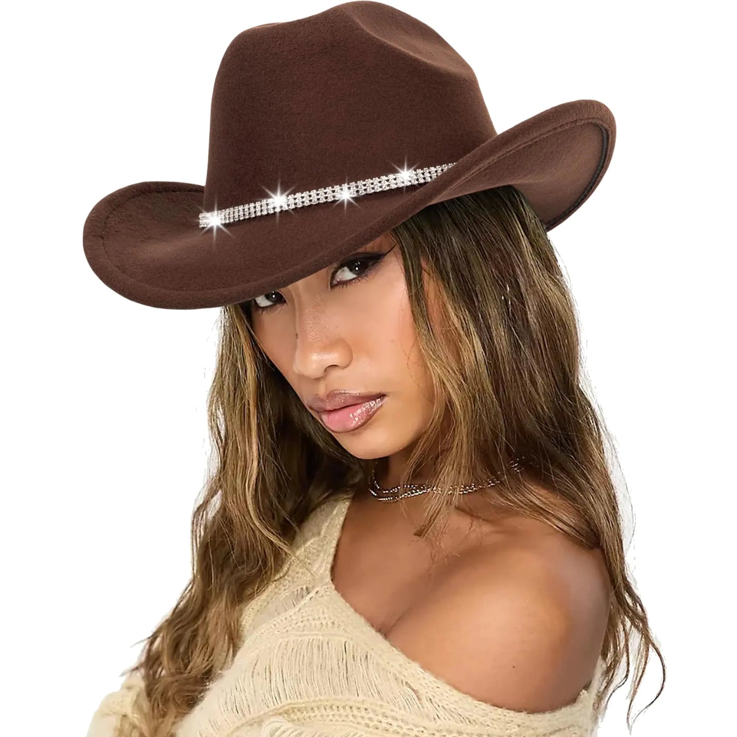 Western Women Cowgirl Hat Felt Fedora Men Rolled Wide Brim Rodeo Hat Buckle Belt Bling Rhinestone Disco Brown Cowboy Hat - Ramshackle Shack