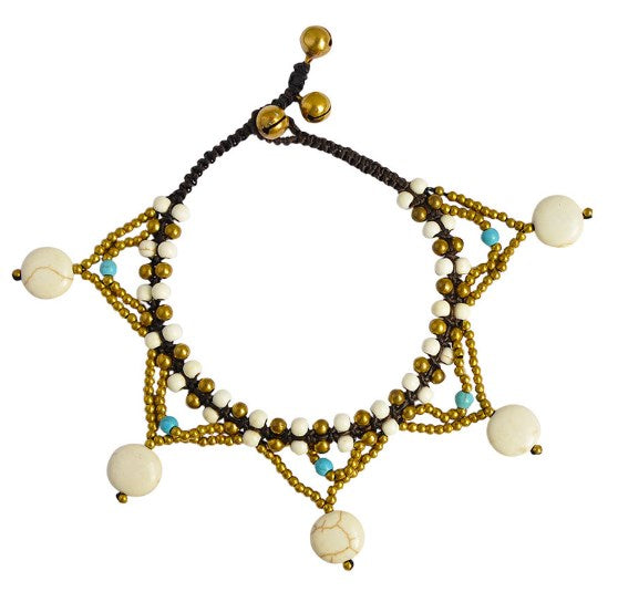Colorful turquoise bell anklet featuring multicolor beads and small bells, designed for stylish ankle jewelry.