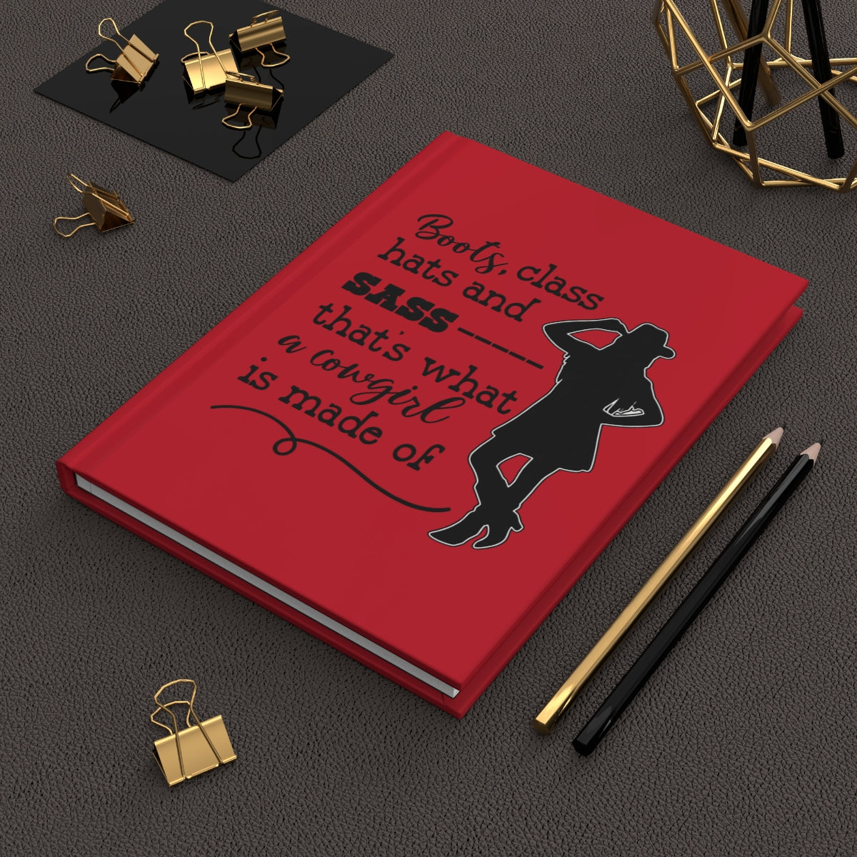 Cowgirl Journal hardcover notebook featuring boots, hats, and sass design, ideal for writing and note-taking.