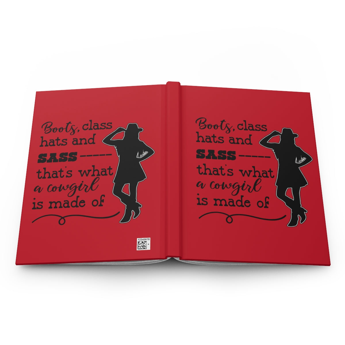 Hardcover Cowgirl Journal with "Boots, Class, Hats and Sass" design, featuring western-themed boots and hats on the cover.