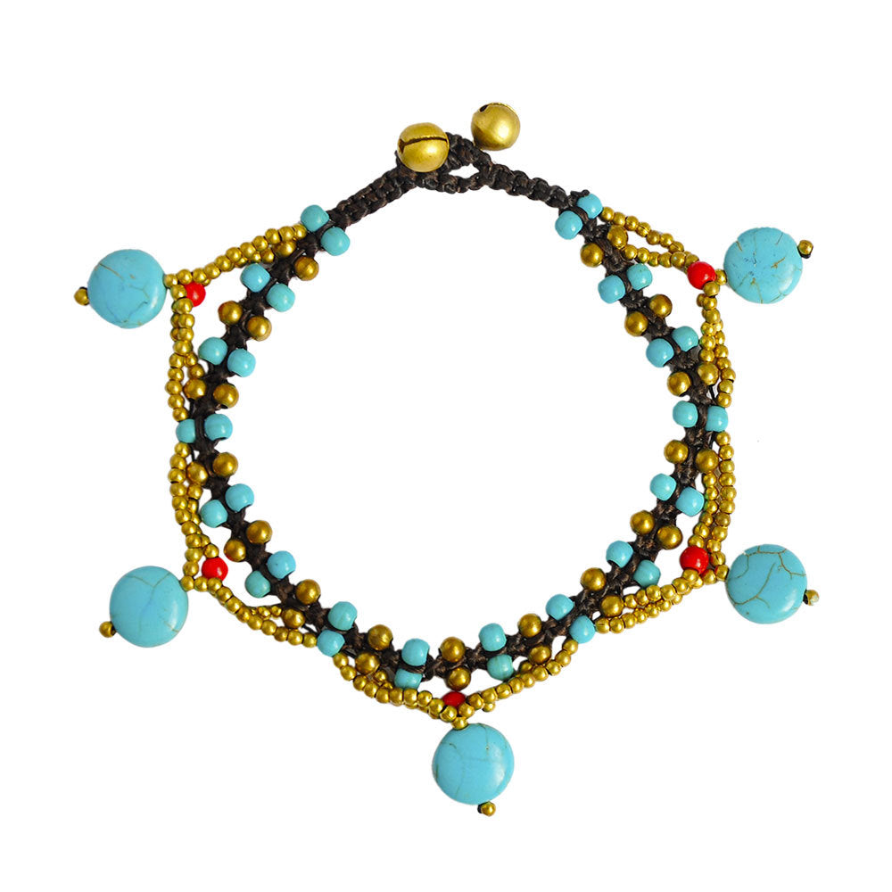 Multicolor turquoise bell anklet from Five-Star by Zendrop showing multicolored beads and small bells on silver chain.