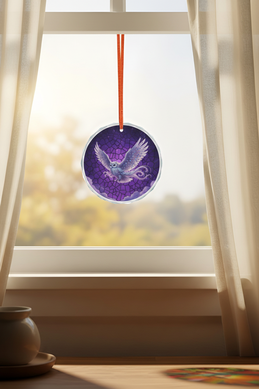Owl suncatcher ornament hanging in home window with sunlight