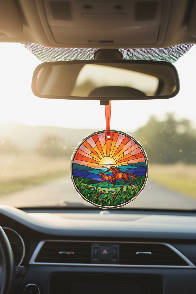 Stained glass ornament hanging from car rear view mirror