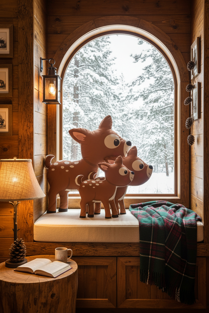 Three deer shaped pillows in cabin reading nook