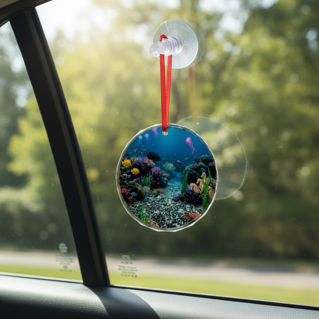 Ocean suncatcher hanging from car side window with suction cup