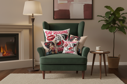 Bad Decisions pillows in multiple sizes on wingback chair showing front and back designs