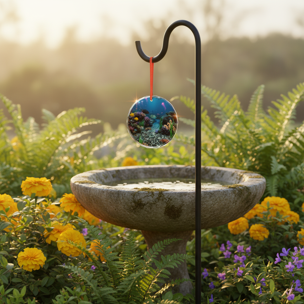 Ocean suncatcher hanging from garden shepherd's hook beside stone birdbath
