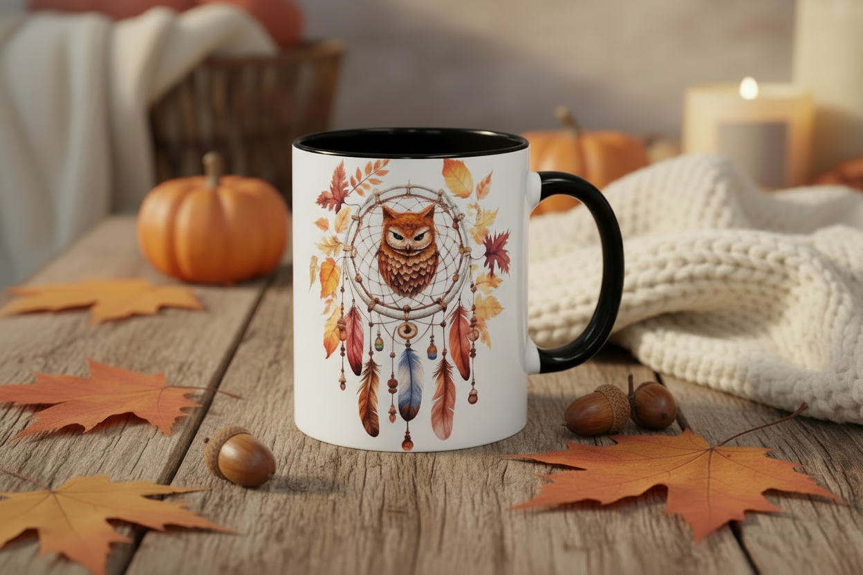 Autumn Owl Dreamcatcher Mug — Fall Leaves Coffee Cup (11oz & 15oz) - Ramshackle Shack