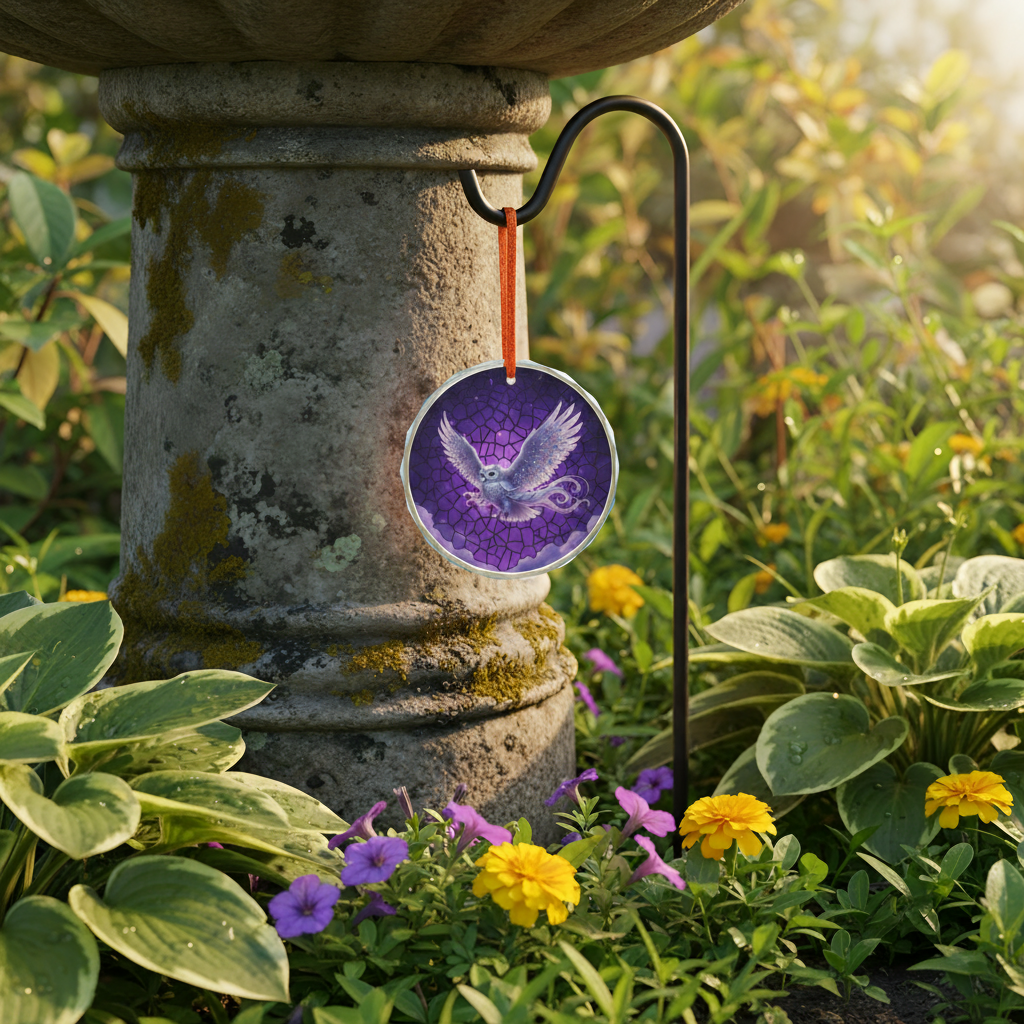 Owl suncatcher ornament hanging from shepherd's hook near stone fountain in garden