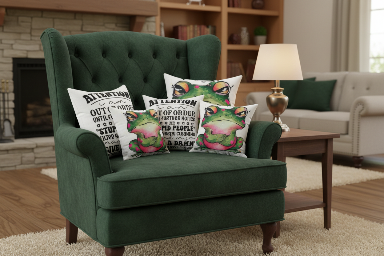 Out of Order pillows on wingback chair showing front and back designs