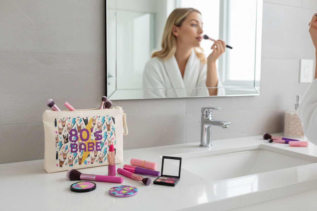 80's babe cosmetic bag on bathroom vanity with makeup accessories
