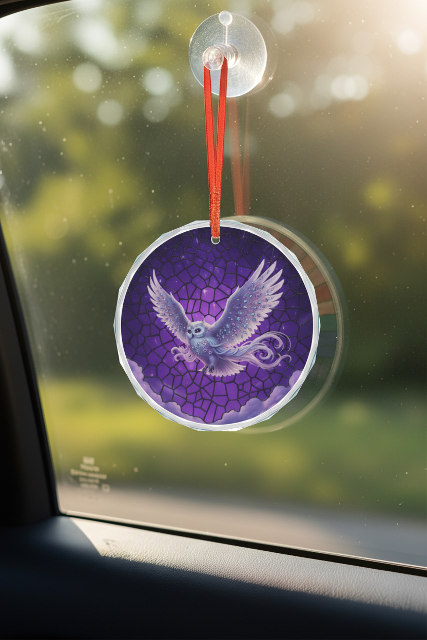Owl suncatcher ornament on car side rear window suction cup