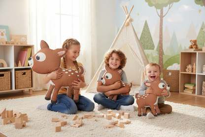 Three children holding different size deer shaped pillows