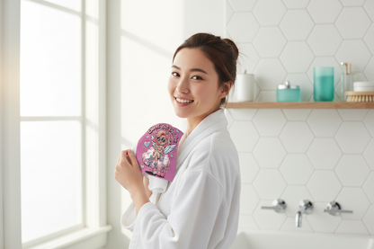 Person using Sweet But Deadly pink angel face towel in bathroom