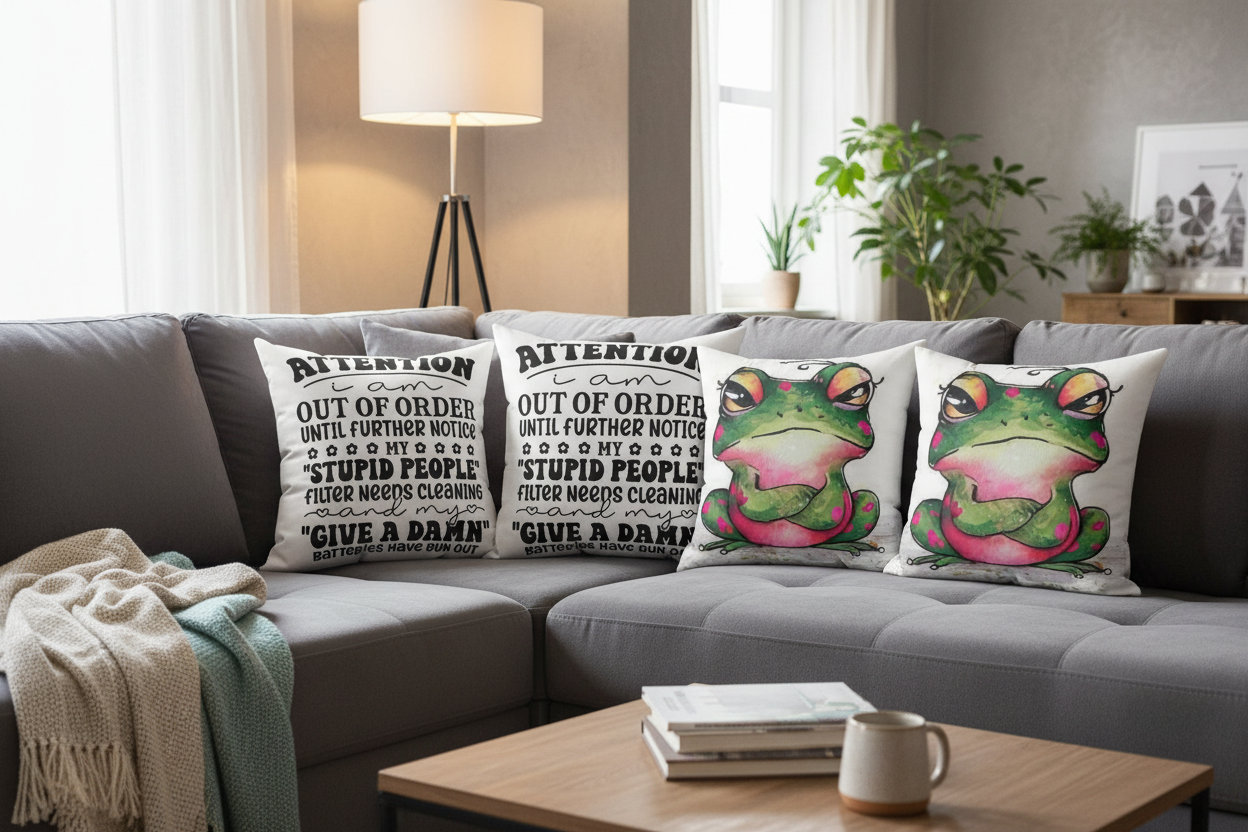 Out of Order pillows in three sizes on sofa