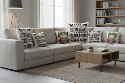Out of Order pillows in all four sizes on sofa showing front and back designs