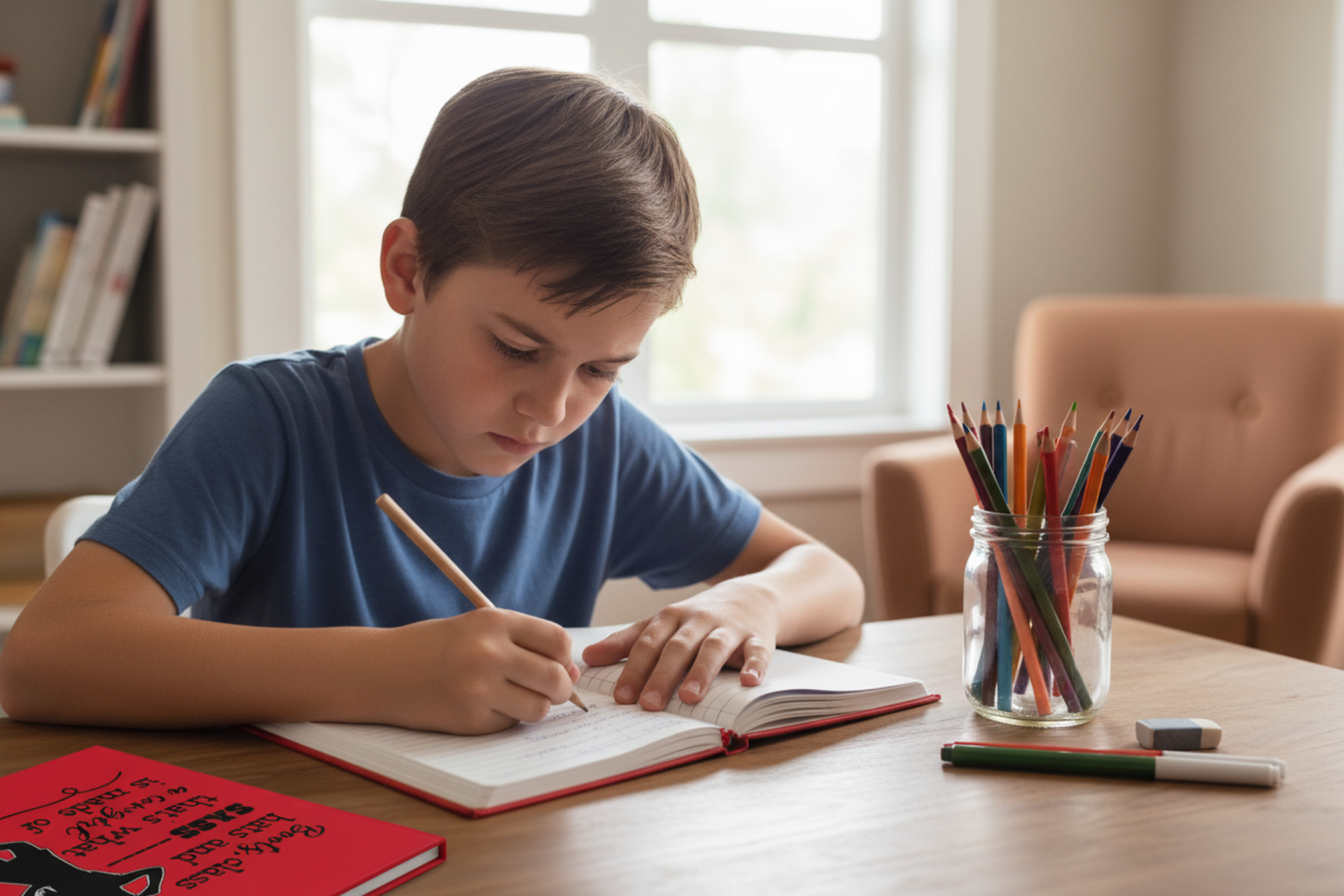 Young boy writing in cowgirl journal at desk with blank pages