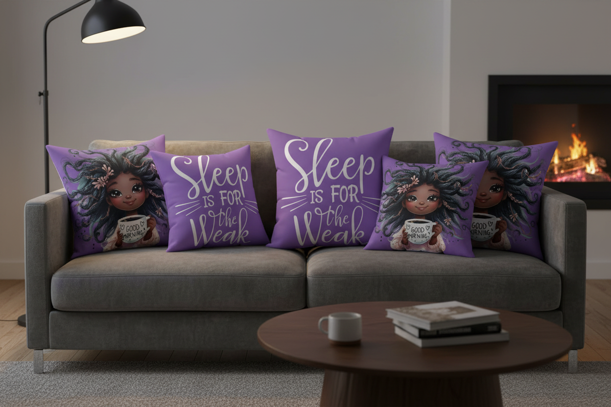 Sleep is for the Weak pillows in all four sizes on sofa showing front and back designs