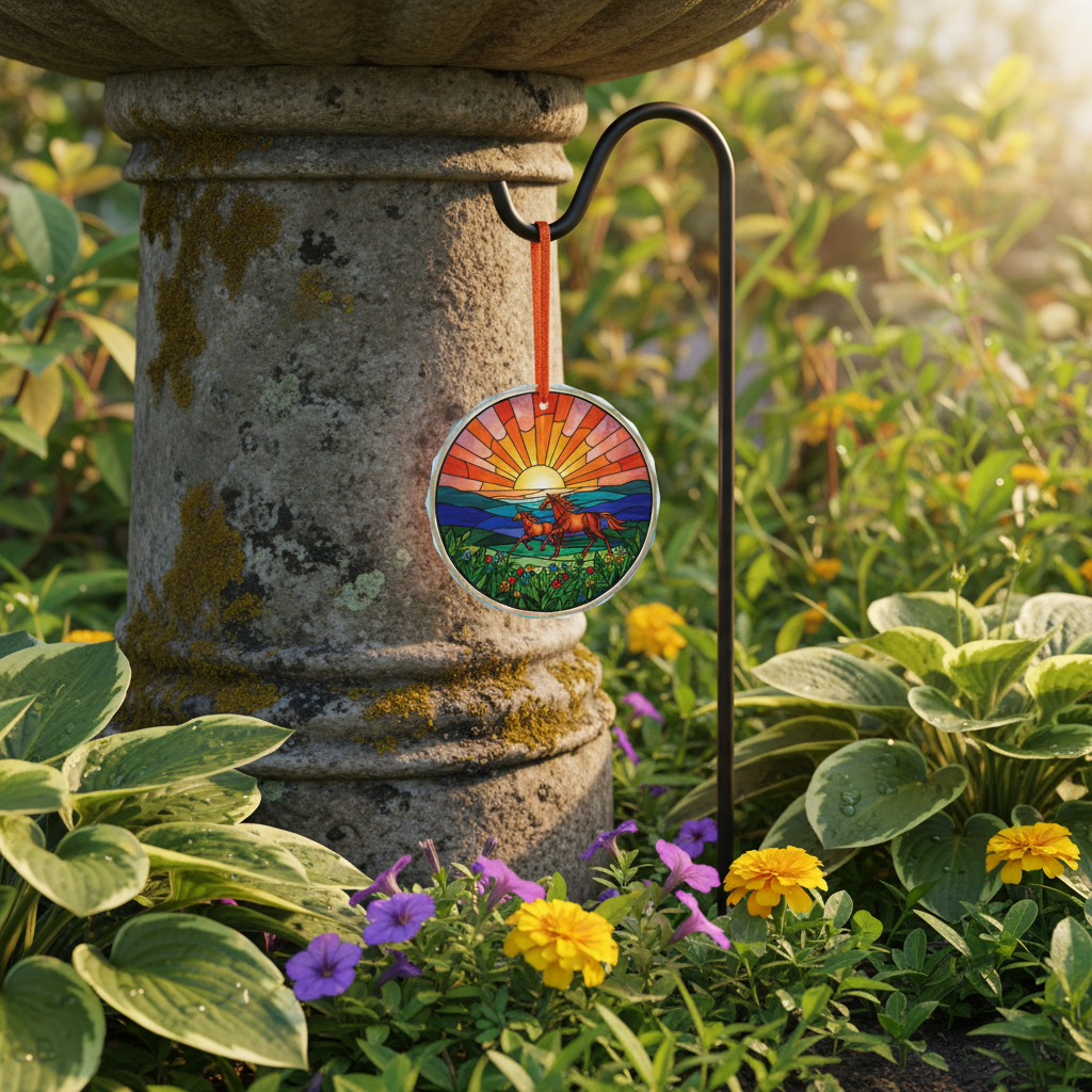 Stained glass ornament hanging near stone fountain in garden