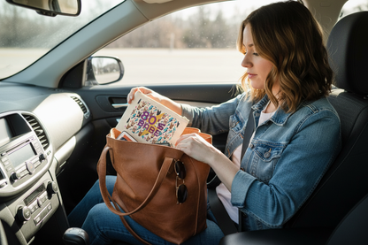 Woman pulling cosmetic bag from purse in car