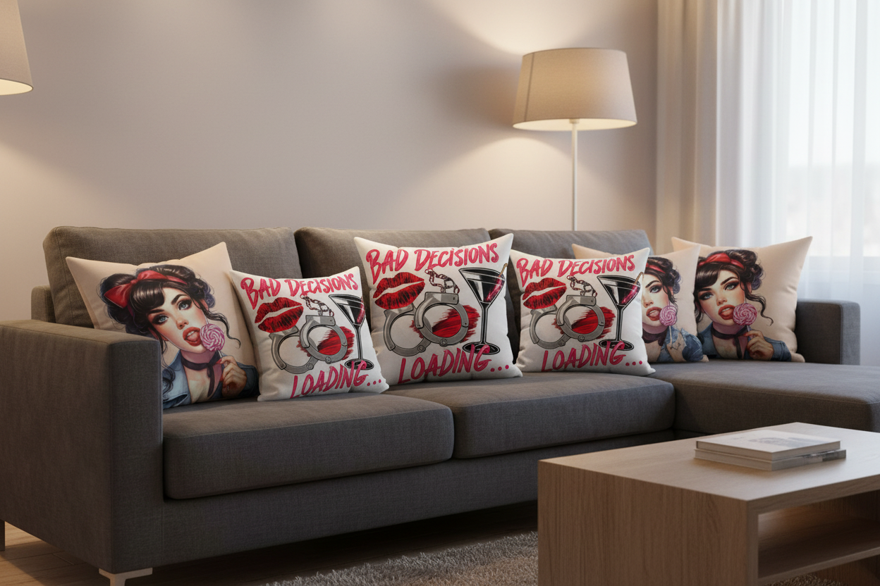 Bad Decisions pillows in multiple sizes showing front and back designs in lounge setting