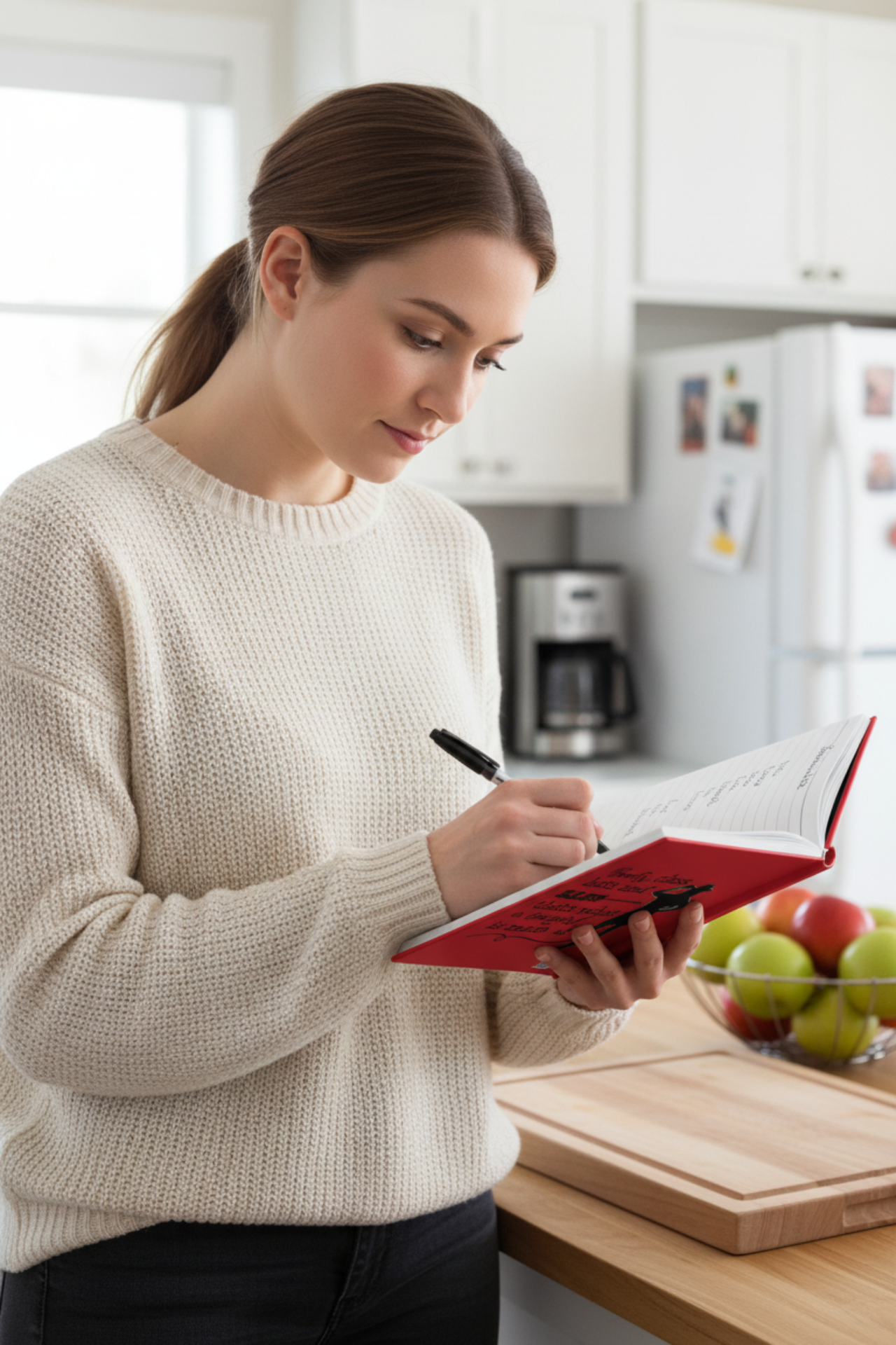 Young mom writing shopping list in cowgirl journal